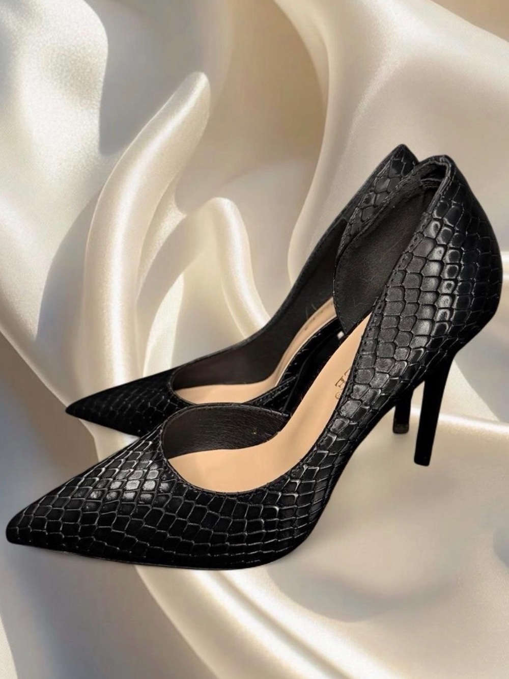 Black Croc-Embossed Pointed Toe Stiletto Heels